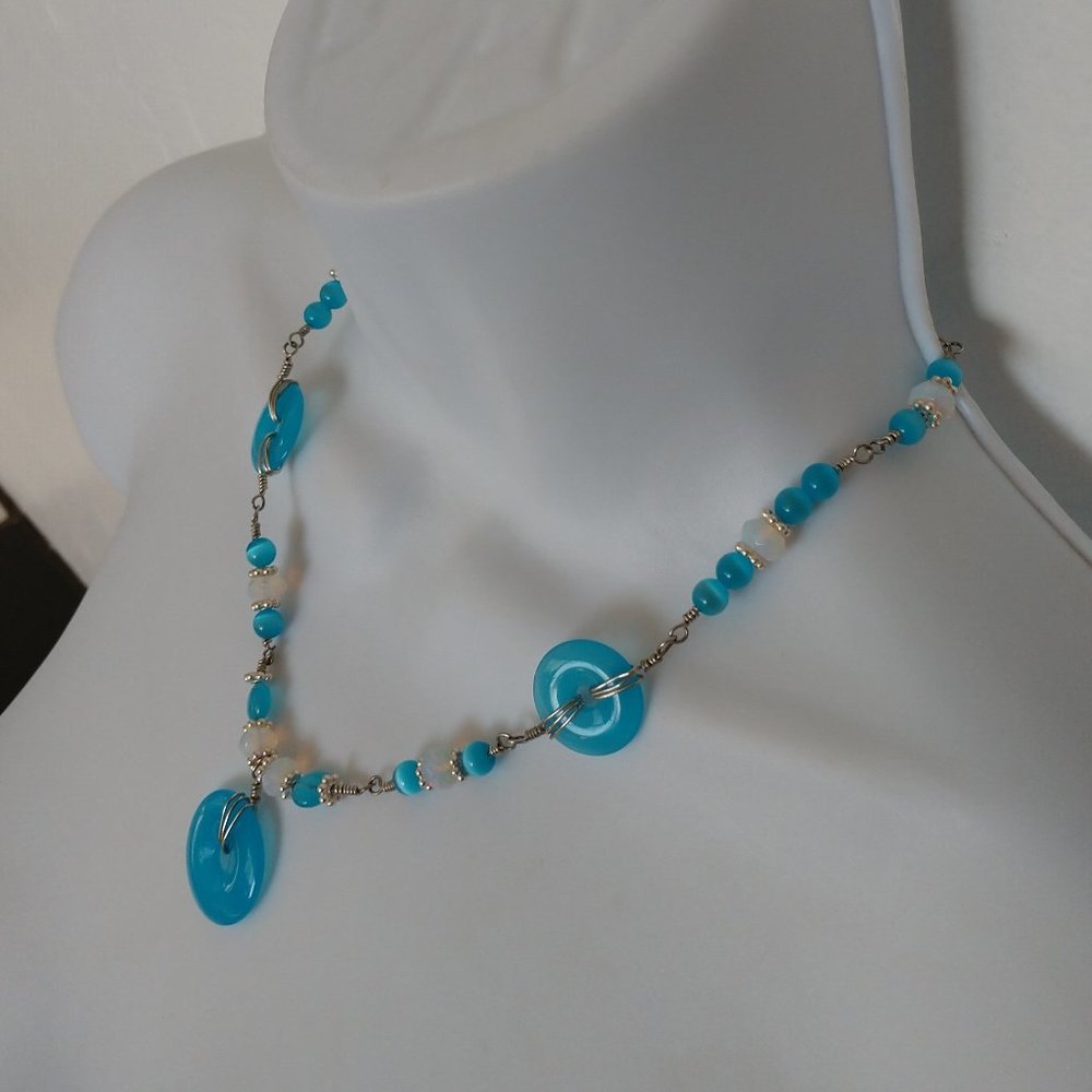 Aqua Blue Beaded Necklace with Hand Wrapped Wire Handmade